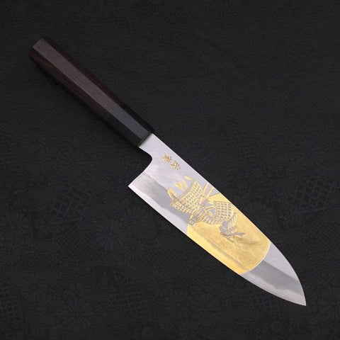 Santoku White Steel #2 Kasumi Chokin "Samurai Im Vollmond" Büffelhorn und Ebenholz Griff 180mm-[Musashi]-[Japan-Küchenmesser]