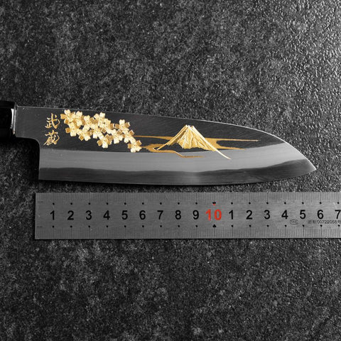 Santoku White Steel #2 Kasumi Einfache Fase Chokin Sakura-Fuji Büffelhorn und Ebenholz Griff 155mm-[Musashi]-[Japan-Küchenmesser]