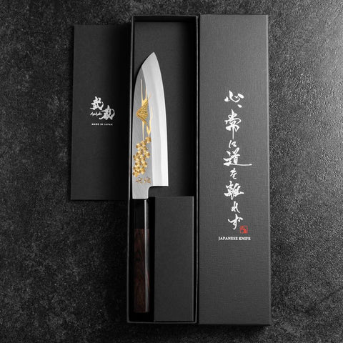 Santoku White Steel #2 Kasumi Einfache Fase Chokin Sakura-Fuji Büffelhorn und Ebenholz Griff 155mm-[Musashi]-[Japan-Küchenmesser]
