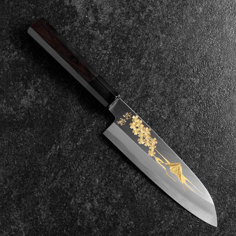 Santoku White Steel #2 Kasumi Single Bevel Chokin Sakura-Fuji Buffalo Ebony Handle 155mm (6.1”)-[Musashi]-[Japanese-Kitchen-Knives]