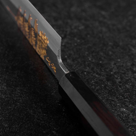 Santoku White Steel #2 Kasumi Einfache Fase Chokin Sakura Fünfstöckige Pagode Büffelhorn und Ebenholz Griff 155mm-[Musashi]-[Japan-Küchenmesser]