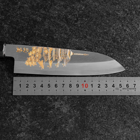 Santoku White Steel #2 Kasumi Einfache Fase Chokin Sakura Fünfstöckige Pagode Büffelhorn und Ebenholz Griff 155mm-[Musashi]-[Japan-Küchenmesser]