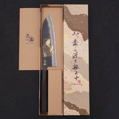 Santoku White Steel #2 Kurouchi Chokin "Bijin-Ga In Ukiyo-E" Büffelhorn und Ebenholz Griff 170mm-[Musashi]-[Japan-Küchenmesser]