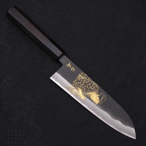 Santoku White Steel #2 Kurouchi Chokin "Bijin-Ga In Ukiyo-E" Büffelhorn und Ebenholz Griff 170mm-[Musashi]-[Japan-Küchenmesser]