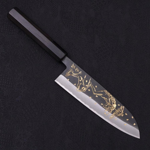 Santoku White Steel #2, Kurouchi Chokin "Kappa&Frosch" Büffelhorn und Ebenholz Griff, 170mm-[Musashi]-[Japan-Küchenmesser]