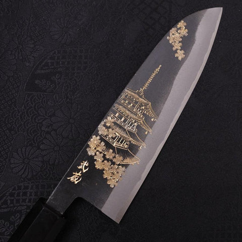 Santoku White Steel #2, Kurouchi Chokin "Pagode" Büffelhorn und Ebenholz Griff, 170mm-[Musashi]-[Japan-Küchenmesser]