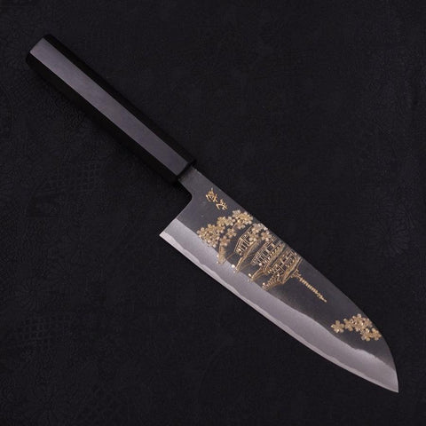 Santoku White Steel #2, Kurouchi Chokin "Pagode" Büffelhorn und Ebenholz Griff, 170mm-[Musashi]-[Japan-Küchenmesser]