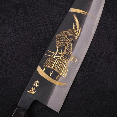 Santoku White Steel #2 Kurouchi Chokin "Samurai Im Neumond" Büffelhorn und Ebenholz Griff 170mm-[Musashi]-[Japan-Küchenmesser]