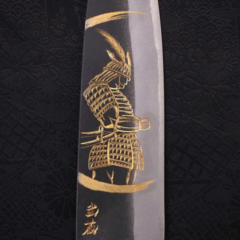 Santoku White Steel #2 Kurouchi Chokin "Samurai Im Neumond" Büffelhorn und Ebenholz Griff 170mm-[Musashi]-[Japan-Küchenmesser]