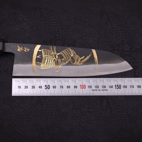 Santoku White Steel #2 Kurouchi Chokin "Samurai Im Neumond" Büffelhorn und Ebenholz Griff 170mm-[Musashi]-[Japan-Küchenmesser]