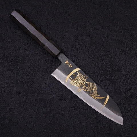 Santoku White Steel #2 Kurouchi Chokin "Samurai Im Neumond" Büffelhorn und Ebenholz Griff 170mm-[Musashi]-[Japan-Küchenmesser]