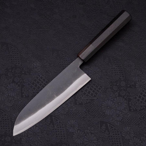 Santoku White Steel #2 Kurouchi Chokin "Samurai Im Vollmond" Büffelhorn und Ebenholz Griff 170mm-[Musashi]-[Japan-Küchenmesser]