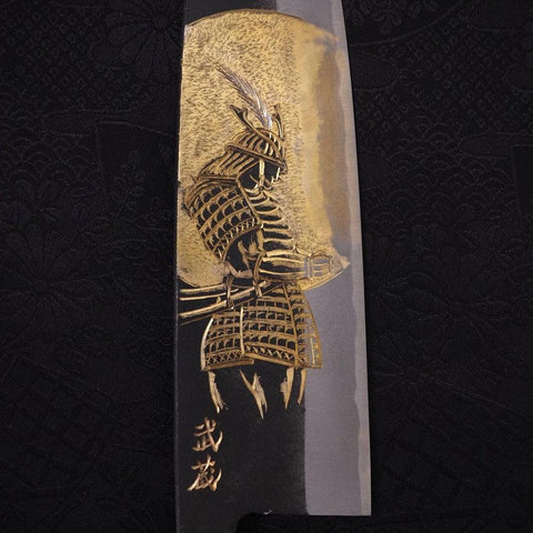 Santoku White Steel #2 Kurouchi Chokin "Samurai Im Vollmond" Büffelhorn und Ebenholz Griff 170mm-[Musashi]-[Japan-Küchenmesser]