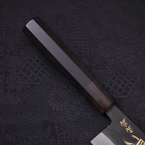 Santoku White Steel #2 Kurouchi Chokin "Samurai Im Vollmond" Büffelhorn und Ebenholz Griff 170mm-[Musashi]-[Japan-Küchenmesser]