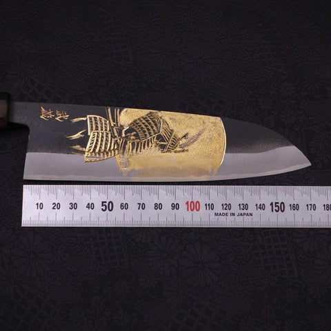 Santoku White Steel #2 Kurouchi Chokin "Samurai Im Vollmond" Büffelhorn und Ebenholz Griff 170mm-[Musashi]-[Japan-Küchenmesser]