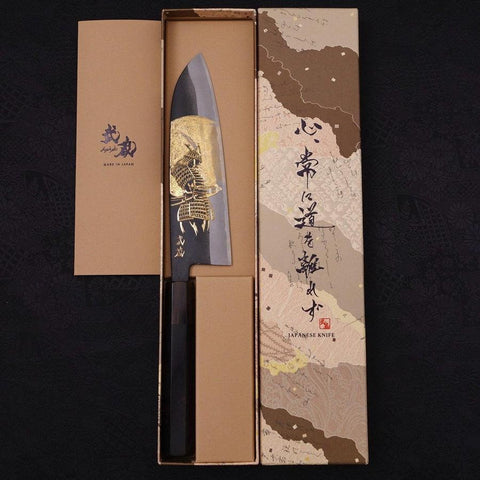 Santoku White Steel #2 Kurouchi Chokin "Samurai Im Vollmond" Büffelhorn und Ebenholz Griff 170mm-[Musashi]-[Japan-Küchenmesser]