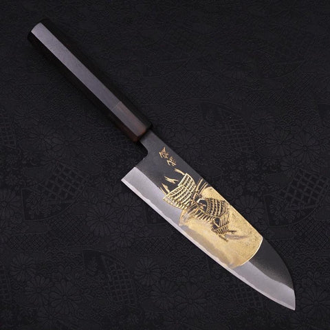 Santoku White Steel #2 Kurouchi Chokin "Samurai Im Vollmond" Büffelhorn und Ebenholz Griff 170mm-[Musashi]-[Japan-Küchenmesser]