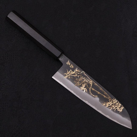 Santoku White Steel #2, Kurouchi Chokin "Tiger-Bambus" Büffelhorn und Ebenholz Griff, 170mm-[Musashi]-[Japan-Küchenmesser]