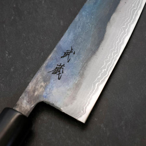 Santoku White Steel #2 Kurouchi Damast Büffelhorn und Magnolienholz Griff 165mm-[Musashi]-[Japan-Küchenmesser]