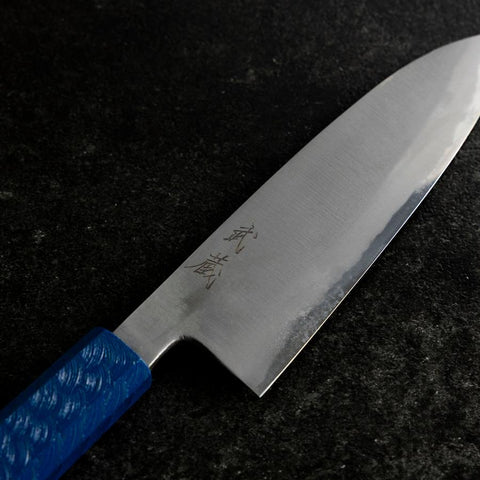 Santoku White Steel #2 Poliert Blauer Urushi Griff 165mm-[Musashi]-[Japan-Küchenmesser]