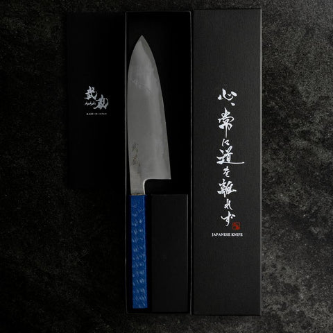 Santoku White Steel #2 Poliert Blauer Urushi Griff 165mm-[Musashi]-[Japan-Küchenmesser]