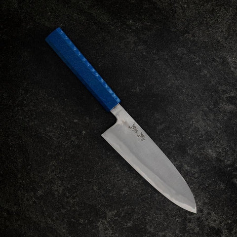 Santoku White Steel #2 Poliert Blauer Urushi Griff 165mm-[Musashi]-[Japan-Küchenmesser]