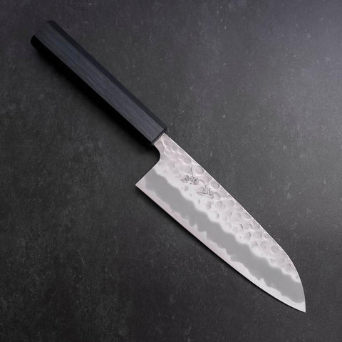 Santoku White steel #2 Tsuchime Urushi Griff in Dunkelblau 165mm-[Musashi]-[Japan-Küchenmesser]