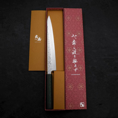 Sujihiki AUS-10 Nashiji Damast Grüner Urushi-Griff 240mm-[Musashi]-[Japan-Küchenmesser]