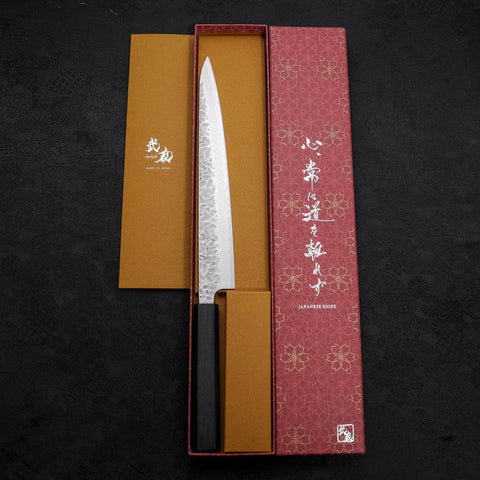 Sujihiki AUS-10 Tsuchime Damascus Dark Blue Urushi Handle 240mm (9.4”)-[Musashi]-[Japan-Küchenmesser]