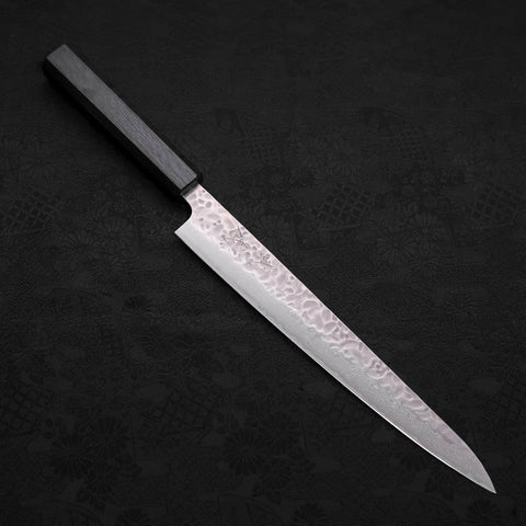 Sujihiki AUS-10 Tsuchime Damascus Dark Blue Urushi Handle 240mm (9.4”)-[Musashi]-[Japan-Küchenmesser]
