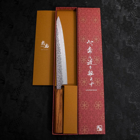 Sujihiki AUS-10 Tsuchime Damast Eichenholz Griff 240mm-[Musashi]-[Japan-Küchenmesser]