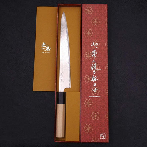 Sujihiki AUS-10 Wellen-Damast Büffelhorn und Magnolienholz Griff 240mm-[Musashi]-[Japan-Küchenmesser]