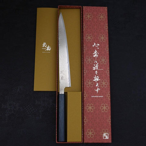 Sujihiki AUS-10 Wellen-Damast Dunkelblauer Urushi Griff 240mm-[Musashi]-[Japan-Küchenmesser]