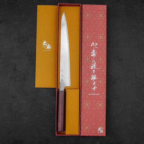 Sujihiki AUS-10 Wellen-Damast Lila Urushi Griff 240mm-[Musashi]-[Japan-Küchenmesser]
