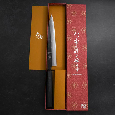 Sujihiki Blue Steel #2 Kurouchi Dunkelblauer Urushi Griff 210mm-[Musashi]-[Japan-Küchenmesser]