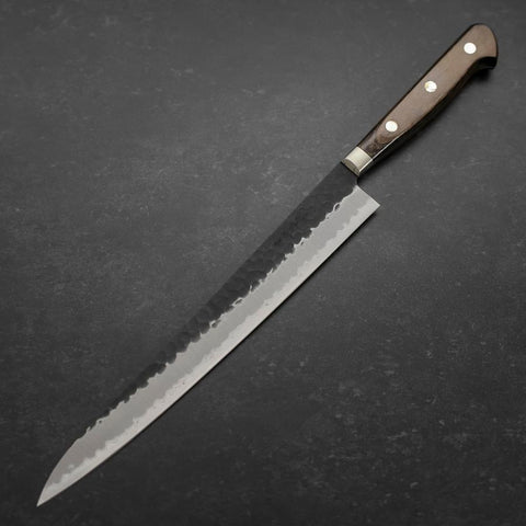 Sujihiki Edelstahlummantelung Blue Super Kurouchi Tsuchime Brauner Westlicher Griff 240mm-[Musashi]-[Japan-Küchenmesser]