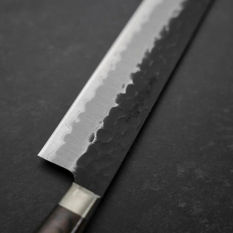 Sujihiki Edelstahlummantelung Blue Super Kurouchi Tsuchime Brauner Westlicher Griff 240mm-[Musashi]-[Japan-Küchenmesser]