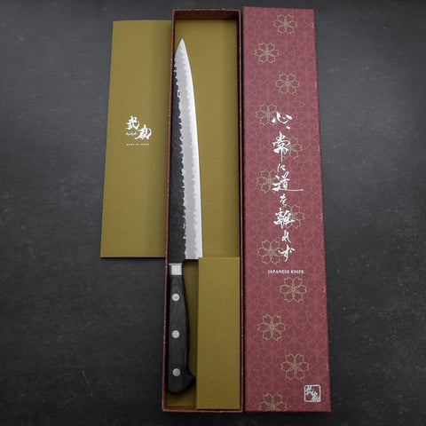 Sujihiki Edelstahlummantelung Blue Super Kurouchi Tsuchime Brauner Westlicher Griff 240mm-[Musashi]-[Japan-Küchenmesser]
