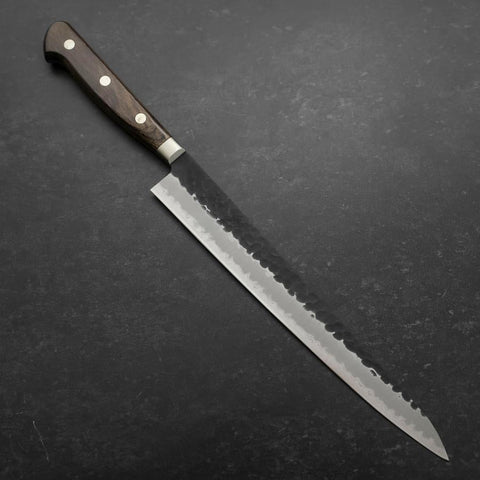 Sujihiki Edelstahlummantelung Blue Super Kurouchi Tsuchime Brauner Westlicher Griff 240mm-[Musashi]-[Japan-Küchenmesser]