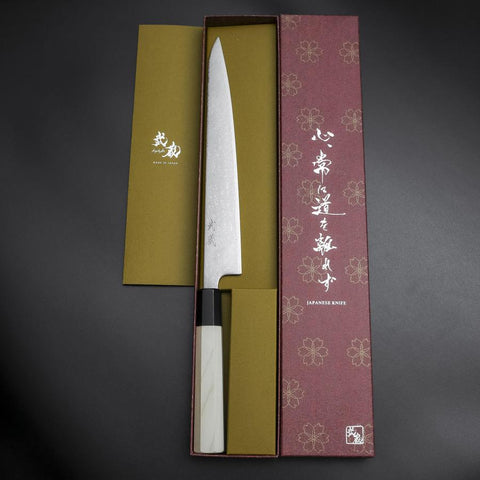 Sujihiki SLD Damast Büffelhorn und Magnolienholz Griff 240mm-[Musashi]-[Japan-Küchenmesser]