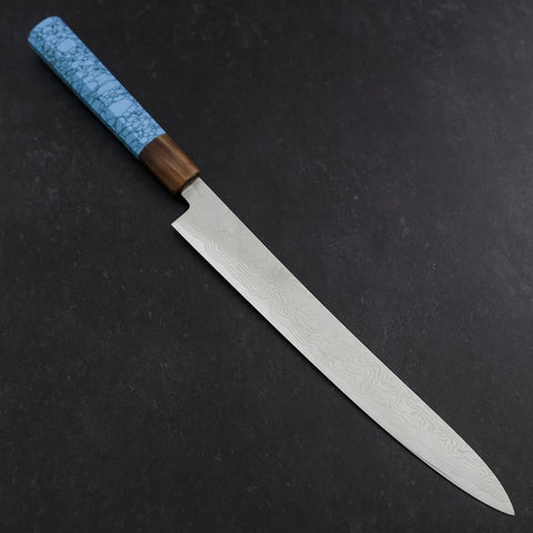 Sujihiki Silver Steel #3 Nickel Damascus Buffalo Turquoise Handle 270mm (10.6”)-[Musashi]-[Japan-Küchenmesser]