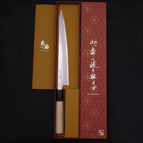 Sujihiki White Steel #1 Edelstahlummantelung Kasumi Büffelhorn und Magnolienholz Griff 240mm-[Musashi]-[Japan-Küchenmesser]