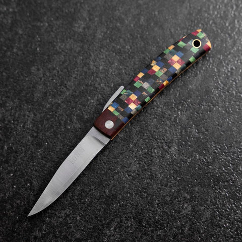Taschenmesser VG-10 Kariert Stabilisiertes Holz Outdoor-Messer 55mm mit Lederscheide-[Musashi]-[Japan-Küchenmesser]