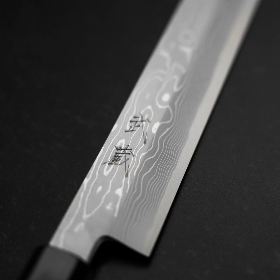 Yanagi Kiritsuke Blue Steel #1 Suminagashi Büffelhorn und Ebenholz Griff mit Scheide 330mm-[Musashi]-[Japan-Küchenmesser]