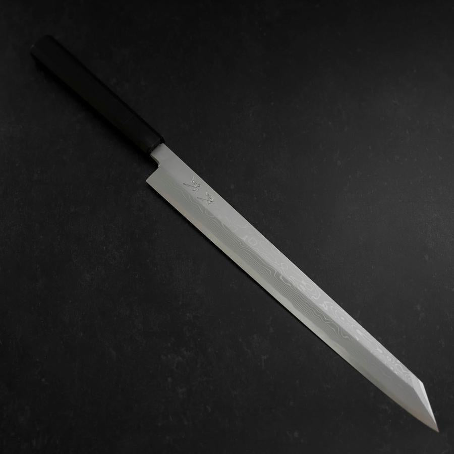 Yanagi Kiritsuke Blue Steel #1 Suminagashi Büffelhorn und Ebenholz Griff mit Scheide 330mm-[Musashi]-[Japan-Küchenmesser]