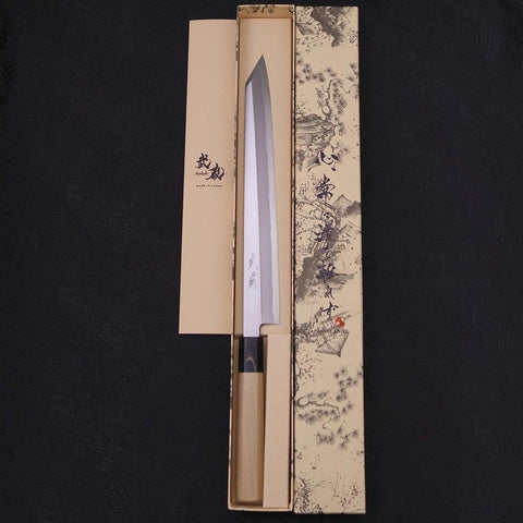 Yanagi Kiritsuke Blue Steel #2 Kasumi Büffelhorn und Magnolienholz Griff 270mm-[Musashi]-[Japan-Küchenmesser]