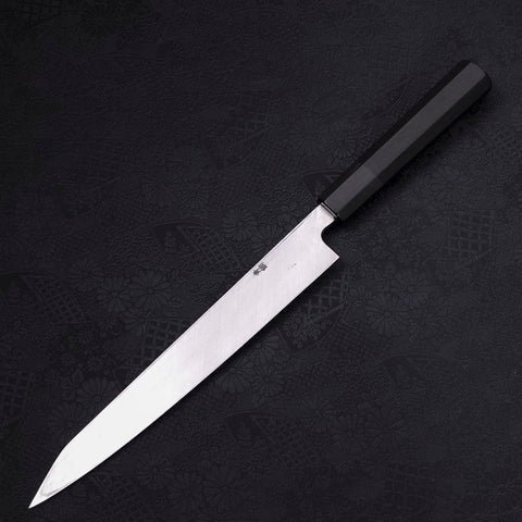 Yanagi Kiritsuke Blue Steel #2 Kurouchi Büffelhorn und Ebenholz Griff 240mm-[Musashi]-[Japan-Küchenmesser]