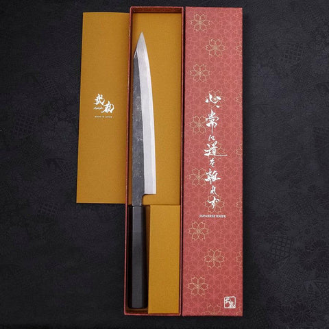 Yanagi Kiritsuke Blue Steel #2 Kurouchi Büffelhorn und Ebenholz Griff 240mm-[Musashi]-[Japan-Küchenmesser]