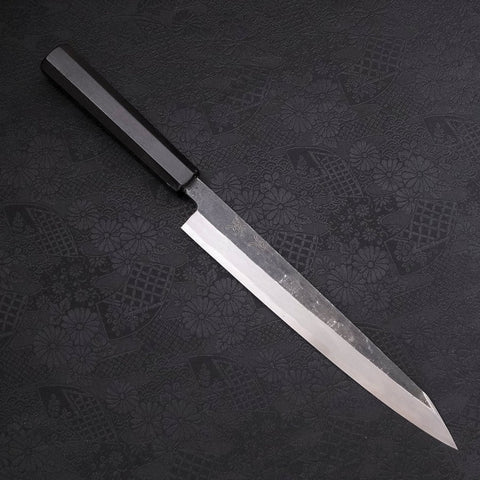 Yanagi Kiritsuke Blue Steel #2 Kurouchi Büffelhorn und Ebenholz Griff 240mm-[Musashi]-[Japan-Küchenmesser]