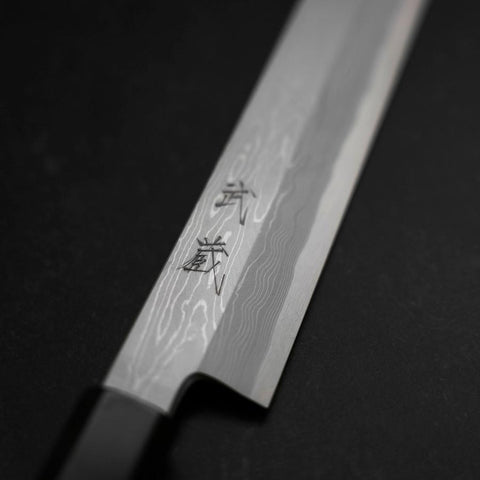 Yanagi Kiritsuke Blue steel #1 Suminagashi Büffelhorn und Ebenholz Griff mit Scheide 270mm-[Musashi]-[Japan-Küchenmesser]